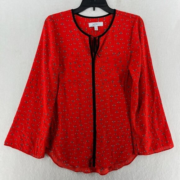 Libby Edelman Blouse Women's Sz XS Red Bee Print Tasseled Tie Front Flowy - Picture 1 of 12
